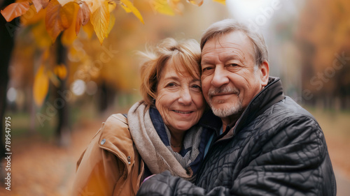 Senior couple hugging in park . Happy family health insurance concept .