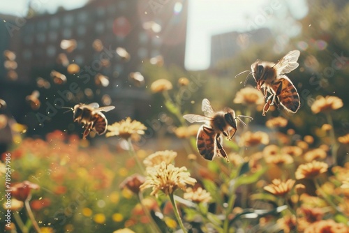 Urban garden buzzing with activity as bees pollinate flowers amidst the city photo