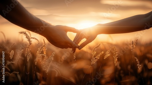 Couple holding hands in a field at sunset. concept passion and love