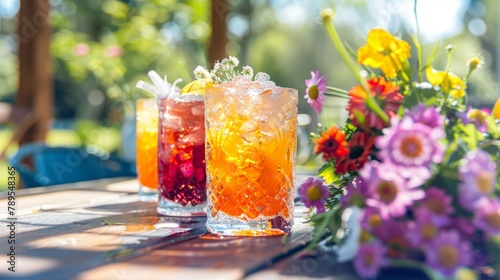 Un assortimento di cocktail estivi dai colori vivaci, presentati su un tavolo all'aperto adornato con fiori freschi, perfetto per promuovere feste ed eventi estivi. photo