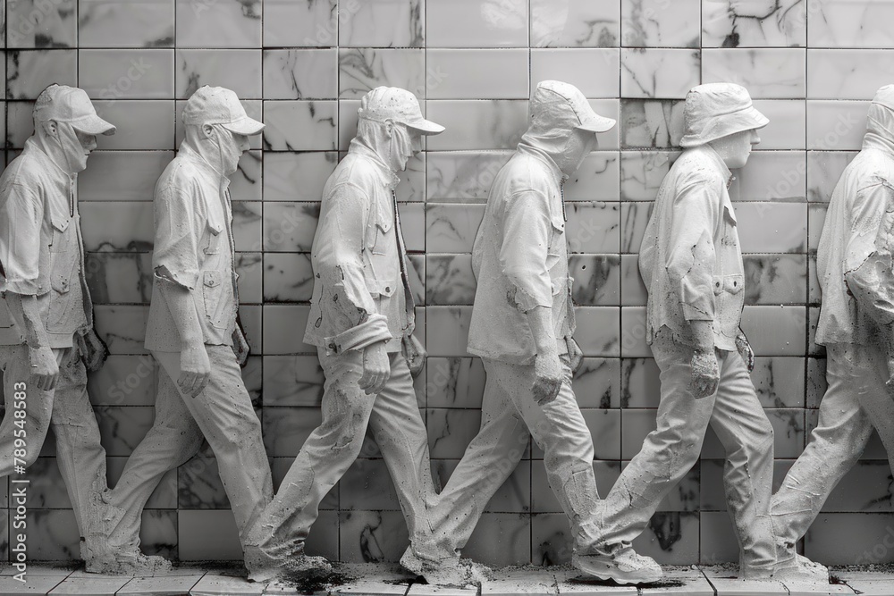 The laborers, faceless and nameless, blend into the monochromatic backdrop of ceramic tiles, highlighting their anonymity in the workforce. The laborers, faceless and nameless, blend into the monochromatic backdrop of ceramic tiles, highlighting their anonymity in the workforce.