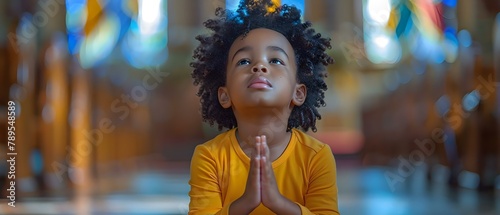 Child's Prayerful Reflection in Serene Sanctuary. Concept Child, Prayer, Reflection, Sanctuary, Serene
