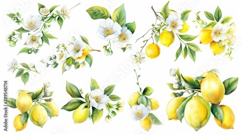 set of illustrations in a watercolor style: flowers and lemon fruits on branches, generated by AI photo