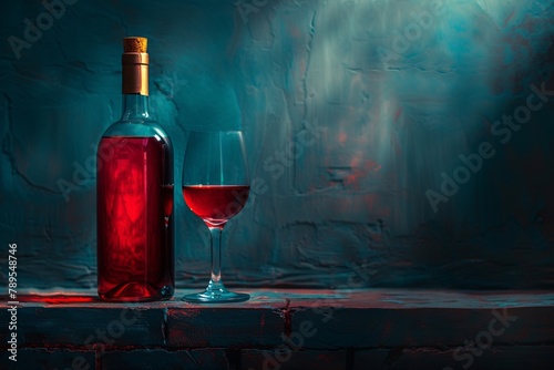 The rich ambiance of red wine in a bottle and glass against an artistic blue backdrop, evoking fine dining elegance.