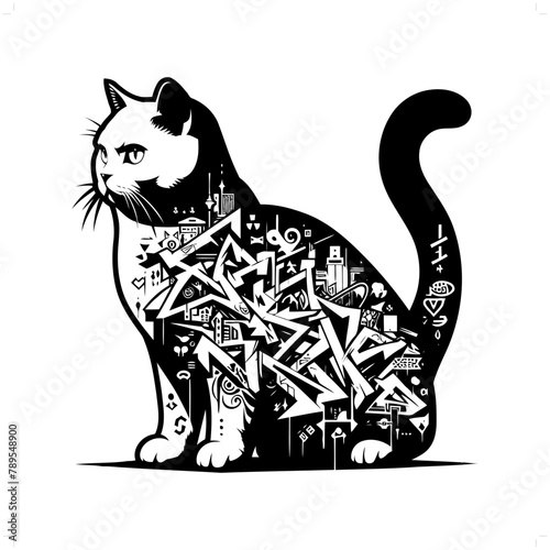 british shorthair cat silhouette, animal graffiti tag, hip hop, street art typography illustration.