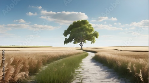  A photorealistic image capturing a tranquil path leading to a solitary tree standing tall in a vast field of reeds, depicting a serene and peaceful natural landscape. photo