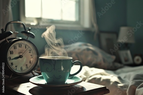 Tazza di caffè fumante sul comodino accanto ad una sveglia con il suono del mattino photo