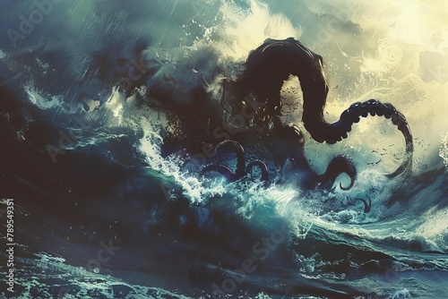 menacing kraken monster emerging from stormy sea digital painting