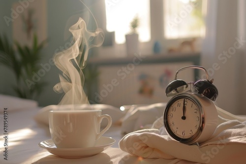 Tazza di caffè fumante accanto ad una sveglia con il suono del mattino photo