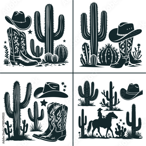 Western Desert Cactus Vector , Cowboy and Cowgirl Vector , Horse Vector 