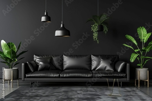 minimalist industrial style black living room interior with sleek leather sofa and decor