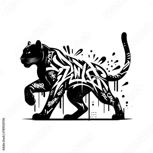 jaguar; leopard; panther silhouette, animal graffiti tag, hip hop, street art typography illustration.