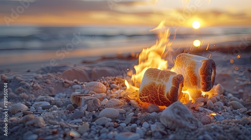 two golden marshmallows roasting on a beach bonfire. Dive into the campfire sweetness.