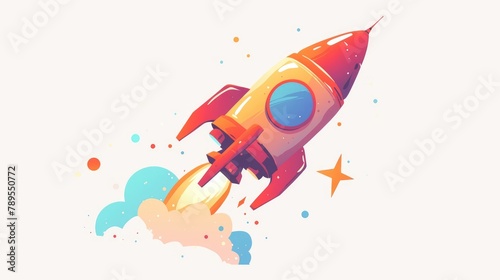 A vibrant full color 2d illustration of a rocket firework icon in a sleek flat design stands out against a clean white background