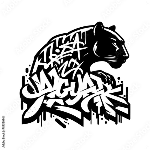 jaguar; leopard; panther silhouette, animal graffiti tag, hip hop, street art typography illustration.