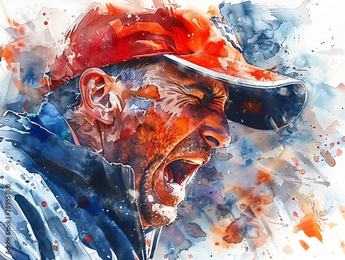 An expressive watercolor illustration of a coachs animated sideline reaction during a crucial American football match moment photo