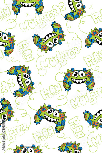 Monster gamepad illustration. Cartoon joystick print. Game pad print. Dragon gamepad print with smiling and horn, text play