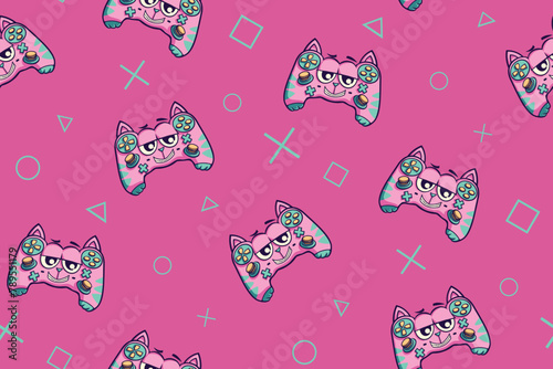 Cat gamepad seamless pattern with text gaming elements. Cartoon kitten joystick repeat print. Game pad cat ornament for girl clothes, wrapping paper. Monster gamepad ornament on pink