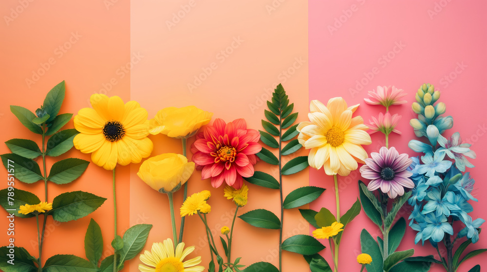 Summer colors palette, colorful floral background with colorful flowers arrangement in bloom. Summer bouquet design. - obrazy, fototapety, plakaty 
