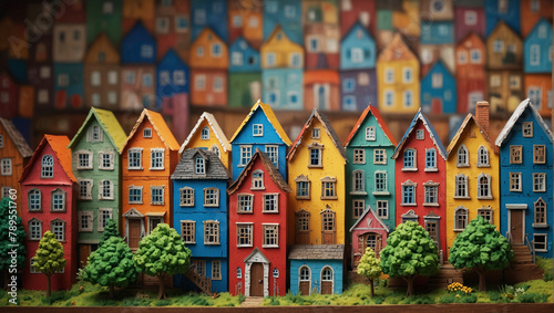 Colorful paper art collage of labyrinth historical village, houses in city