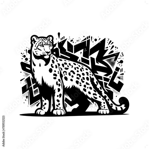 jaguar; snow leopard; panther silhouette, animal graffiti tag, hip hop, street art typography illustration.