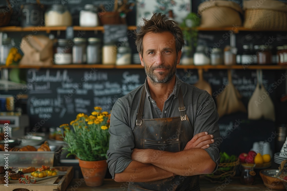 Confident chef posing in a rustic kitchen Confident chef posing in a rustic kitchen