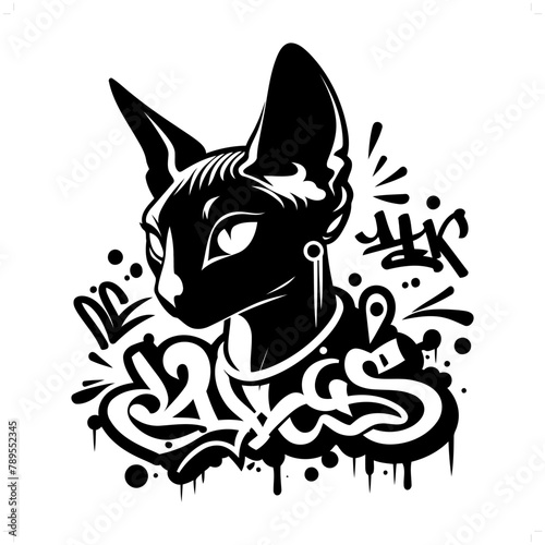 Sphynx cat silhouette, animal graffiti tag, hip hop, street art typography illustration.