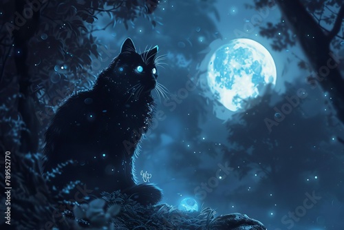 mysterious black cat with glowing blue eyes in moonlight fantasy digital art