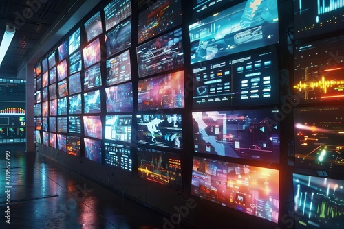 multimedia video wall displaying various colorful images on multiple screens technology concept