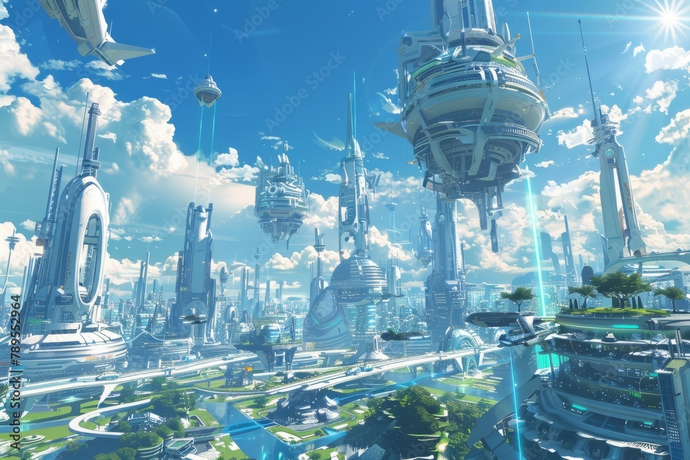 futuristic city with tall buildings, blue sky, and greenery and water features. Futuristic cars in the streets and skyscrapers with futuristic architecture. The blue sky and sun is shining with green