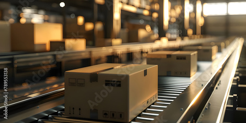 Multiple cardboard box packages seamlessly moving along a conveyor belt in a warehouse