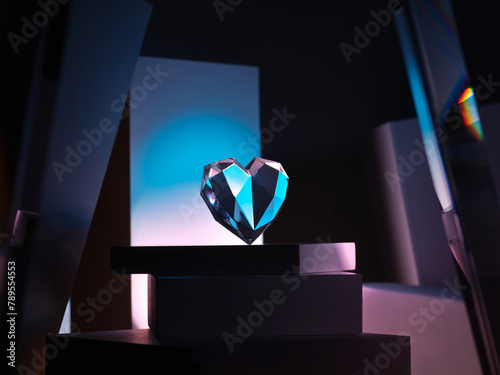 Crystal heart shape love symbol on podium on dark background. photo