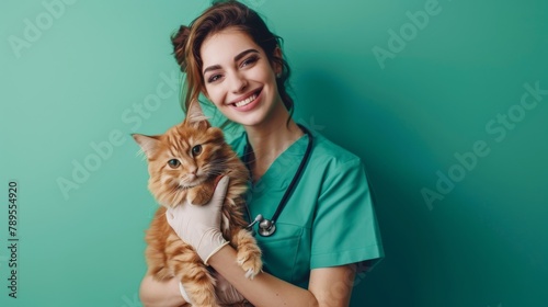 Smiling veterinarian in latex gloves holding cute ginger cat on green background