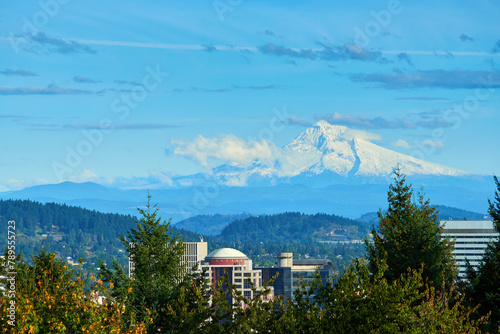 Mount Hood covered by fresh snow. View from the Portland Oregon Rose Garden.