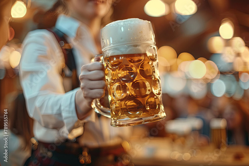A young, attractive Oktoberfest server in traditional Bavarian attire, clinking a large beer mug in celebration