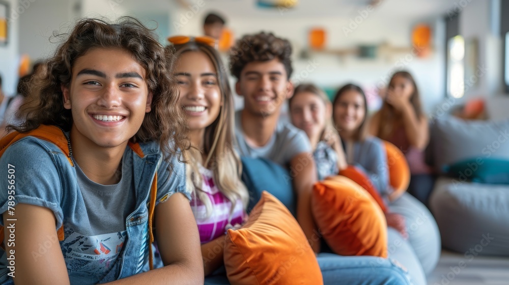 Group of Diverse College Students Enjoying Time Together in Living Room at Dorm. Education. studying and typical of university life concept. Generative ai Group of Diverse College Students Enjoying Time Together in Living Room at Dorm. Education. studying and typical of university life concept. Generative ai