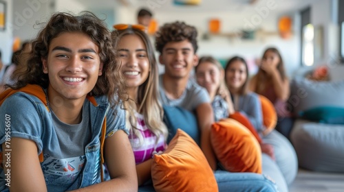 Group of Diverse College Students Enjoying Time Together in Living Room at Dorm. Education. studying and typical of university life concept. Generative ai