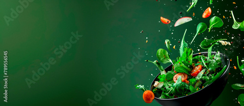 A salad being tossed with copy space on the right photo