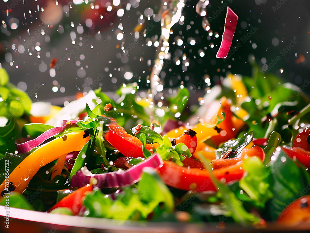 Close-up of a salad being tossed Close-up of a salad being tossed
