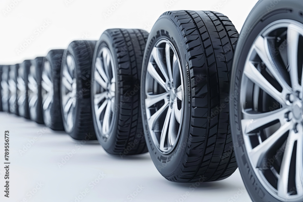 A lineup of car tires presented against a white backdrop