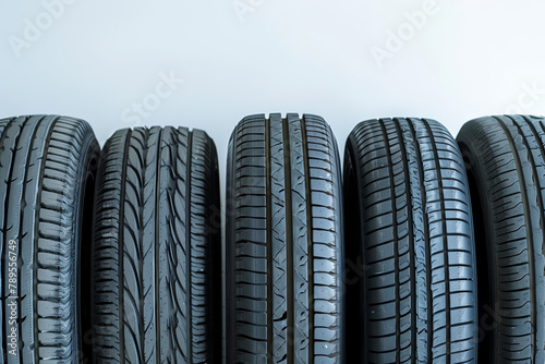 A lineup of car tires presented against a white backdrop
