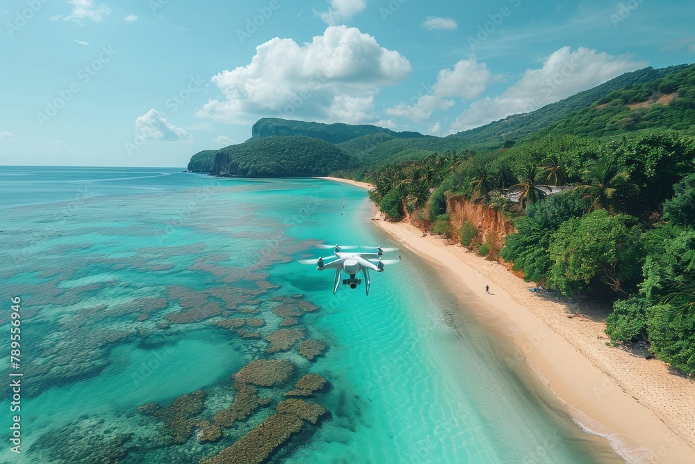 A breathtaking aerial view of a drone flying above a serene tropical beach with clear blue waters and lush greenery