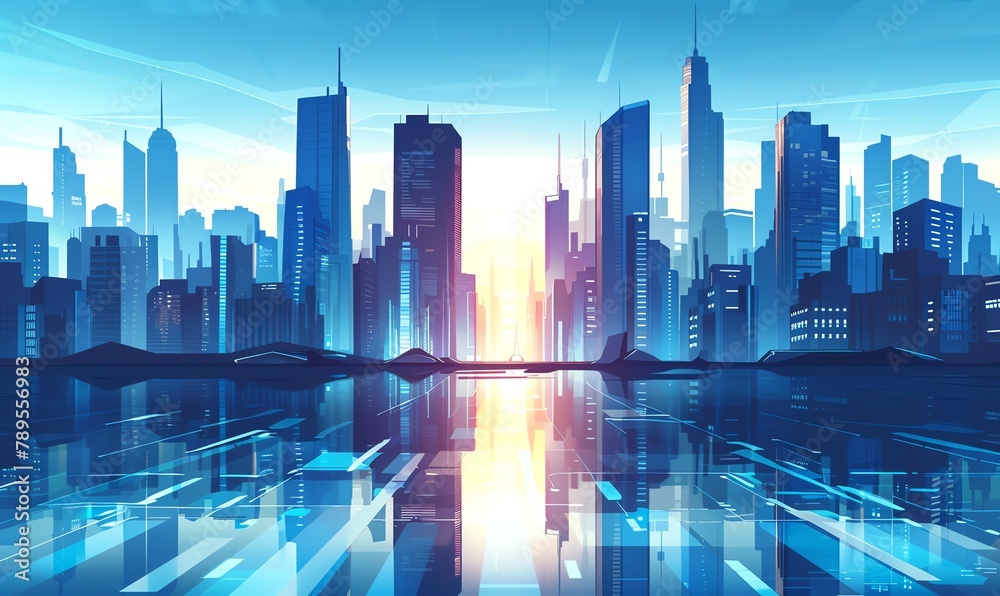 Craft a digital illustration showcasing a futuristic cityscape in a frontal view, where towering skyscrapers reflect the metallic sheen of advanced technology