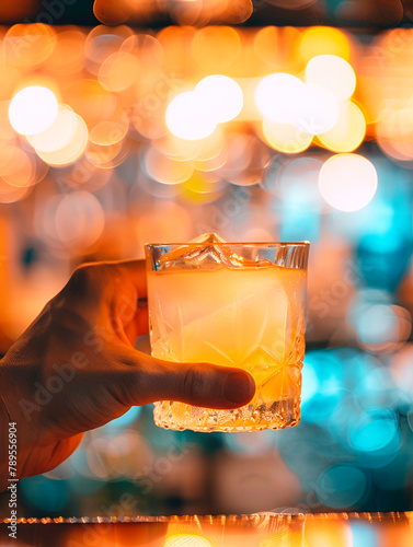 Hand holding a cocktail with a blurred bar background