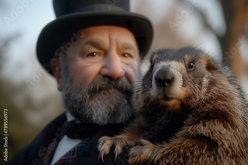 A man in a top hat holds a groundhog, likely for Groundhog Day festivities.