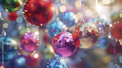 the festive beauty of Christmas as colorful balls sway gently in the breeze, their reflective surfaces catching the light against a softly blurred background