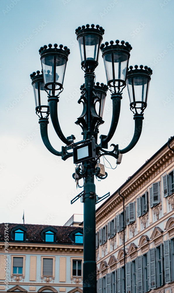 Old lamppost in the downtown of Turin, Sky View