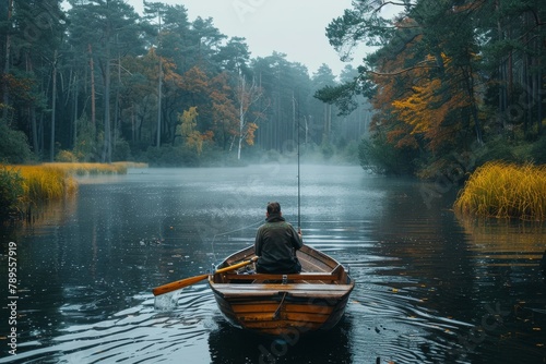 A lone fisherman sits in a wooden boat on a serene, mist-covered lake surrounded by vibrant foliage reflecting on the water surface