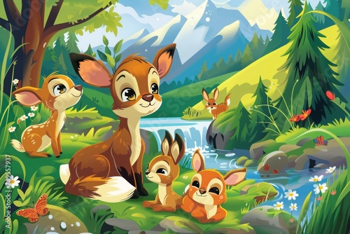 Illustration of a cartoon children s fairy tale about animals. Joyful forest animals beside a tranquil stream in a picturesque mountain setting for tales of harmony with nature