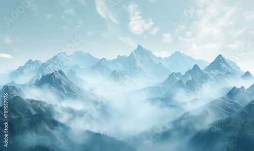Craft a digital rendering of a majestic mountain range seen from behind, with a dense mist shrouding the peaks in an air of mystery Showcase the layers of the landscape using CG 3D rendering